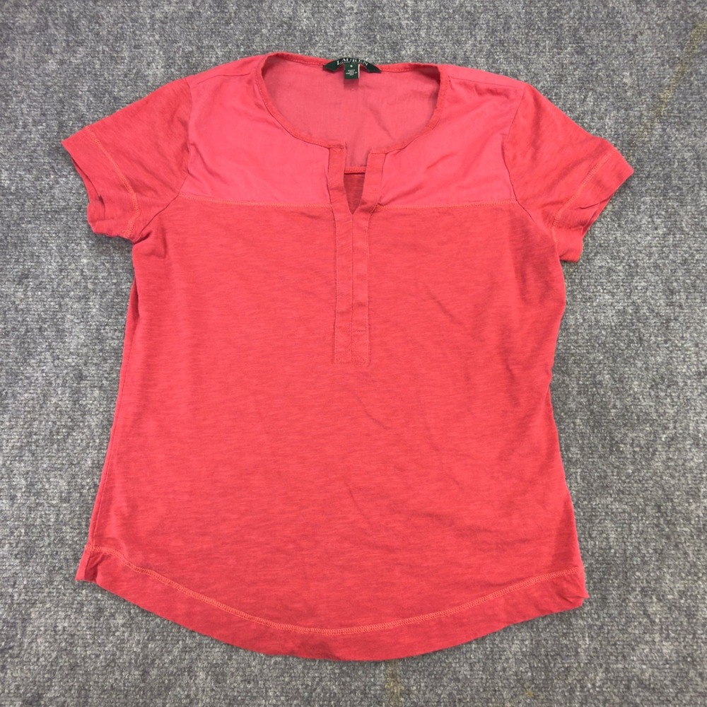 Lauren Ralph Lauren Slub Knit Split Neck Top Rose Pink Size S